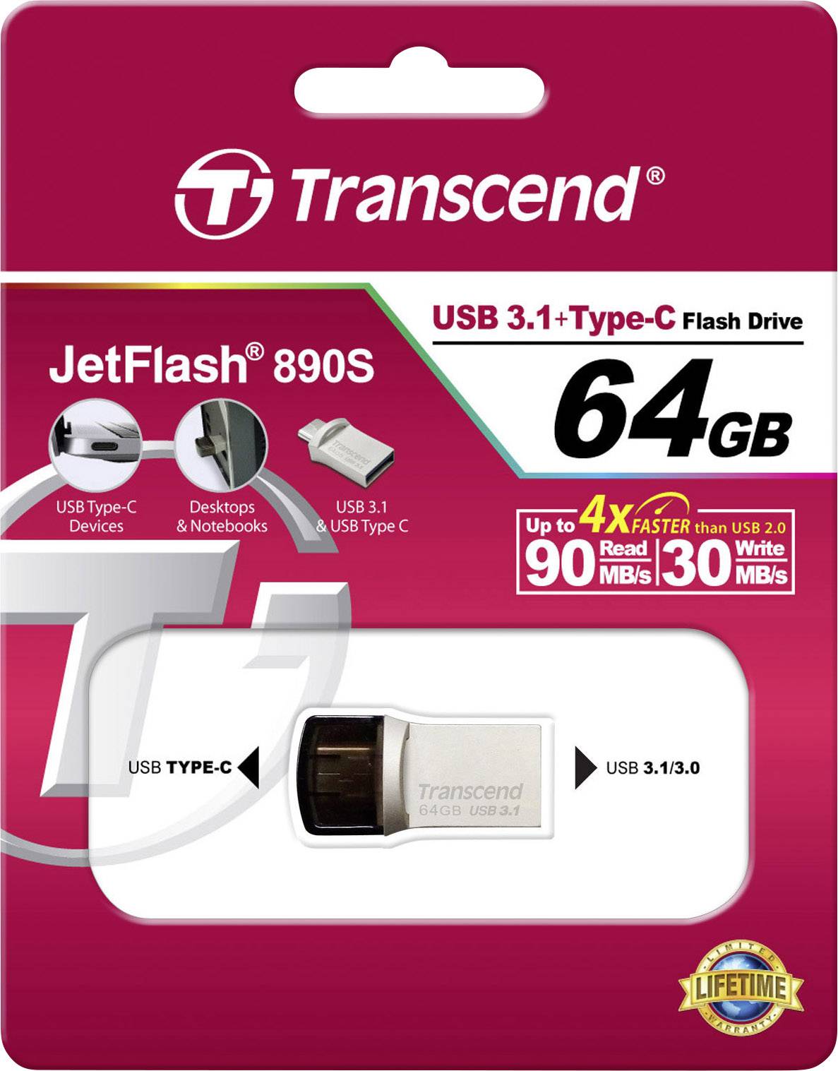 USB-3.1/Type-C-Flash-Laufwerk Transcend JetFlash 890S mit 64 GB Kapazität. Auf Verpackung: bis zu 90 MB/s Lesen, 30 MB/s Schreiben.
