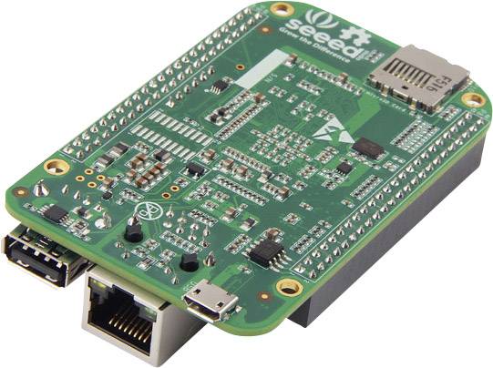 Ein grünes Einplatinen-Computer-Board mit verschiedenen Anschlüssen, bezeichnet mit 'seeed', darunter USB-, Ethernet- und SD-Kartenslot.