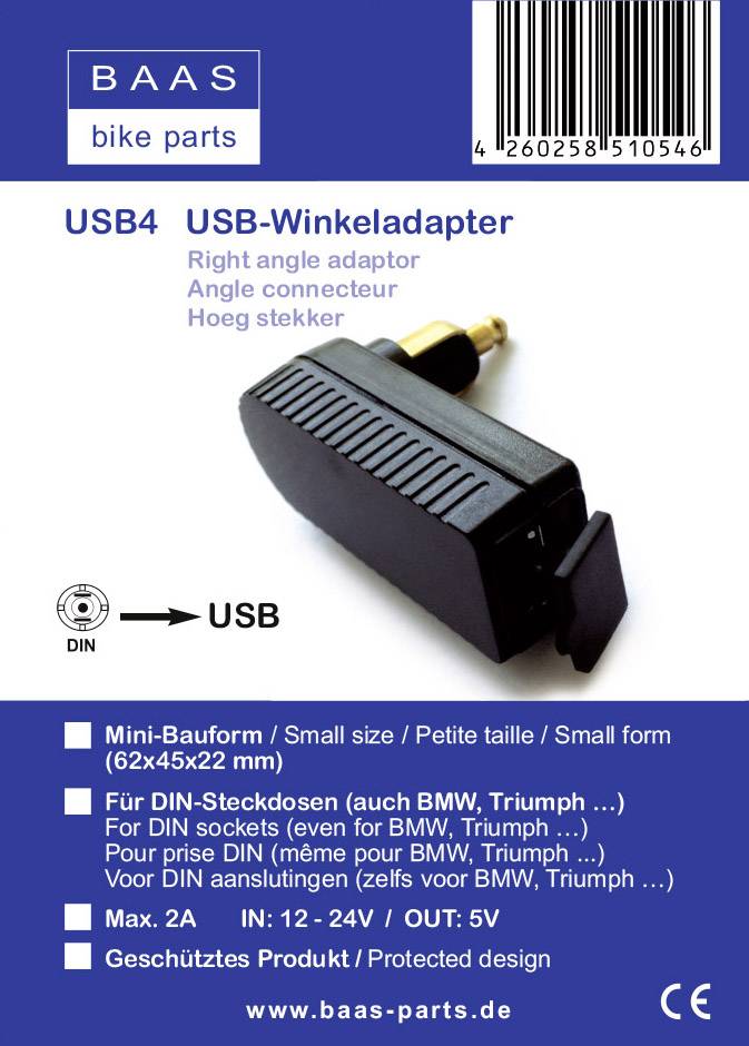 BAAS USB Winkeladapter/Lader 2A für kleine DIN-Steckdosen Belastbarkeit Strom max.=2 A Passend für (Details) für alle DI-1