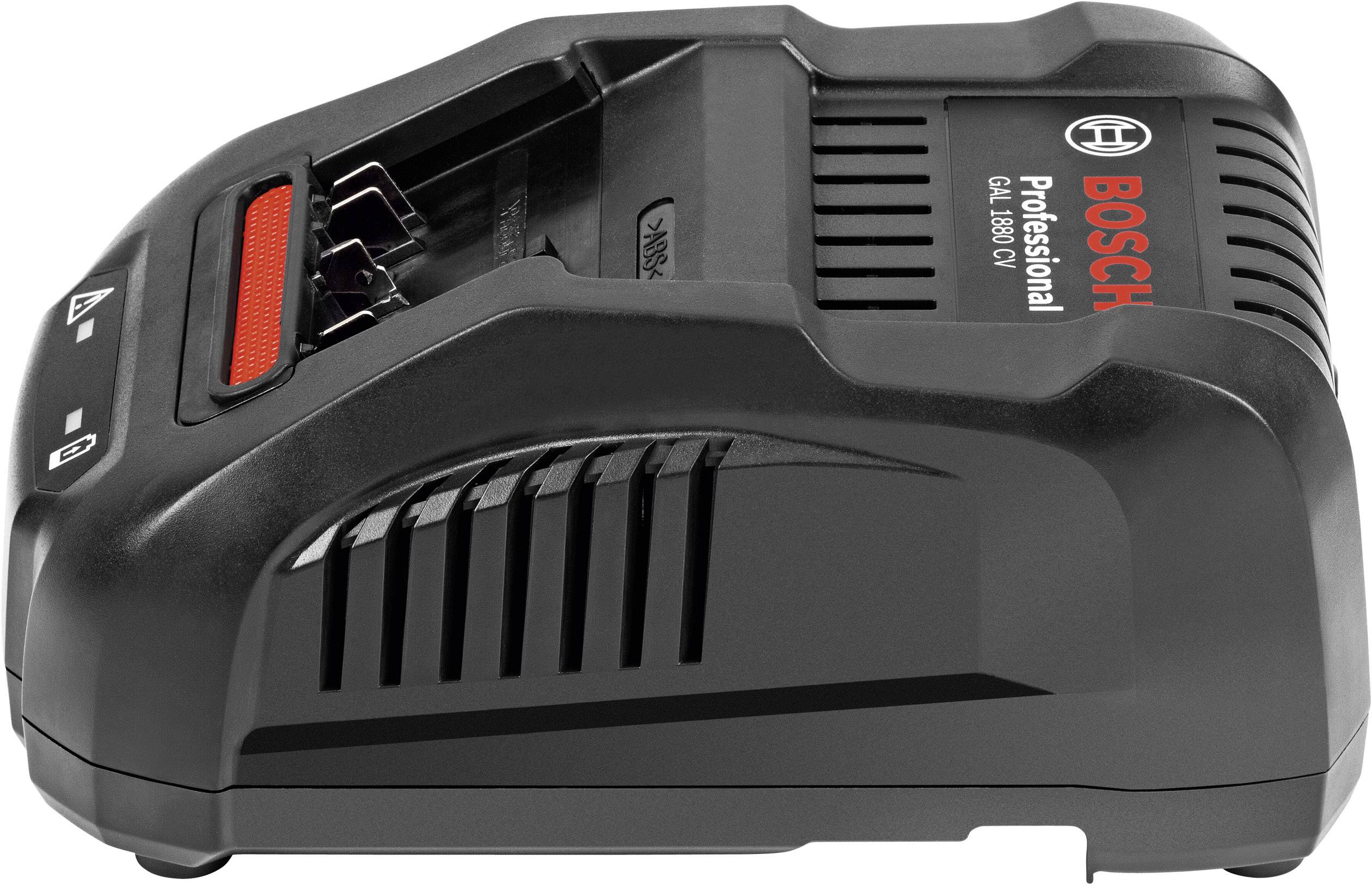 Schwarz-rotes Bosch-Ladegerät, Modell GAL 18V-40, für professionelle Anwendungen. Seitenansicht zeigt Lüftungsschlitze und Ladeanschluss.
