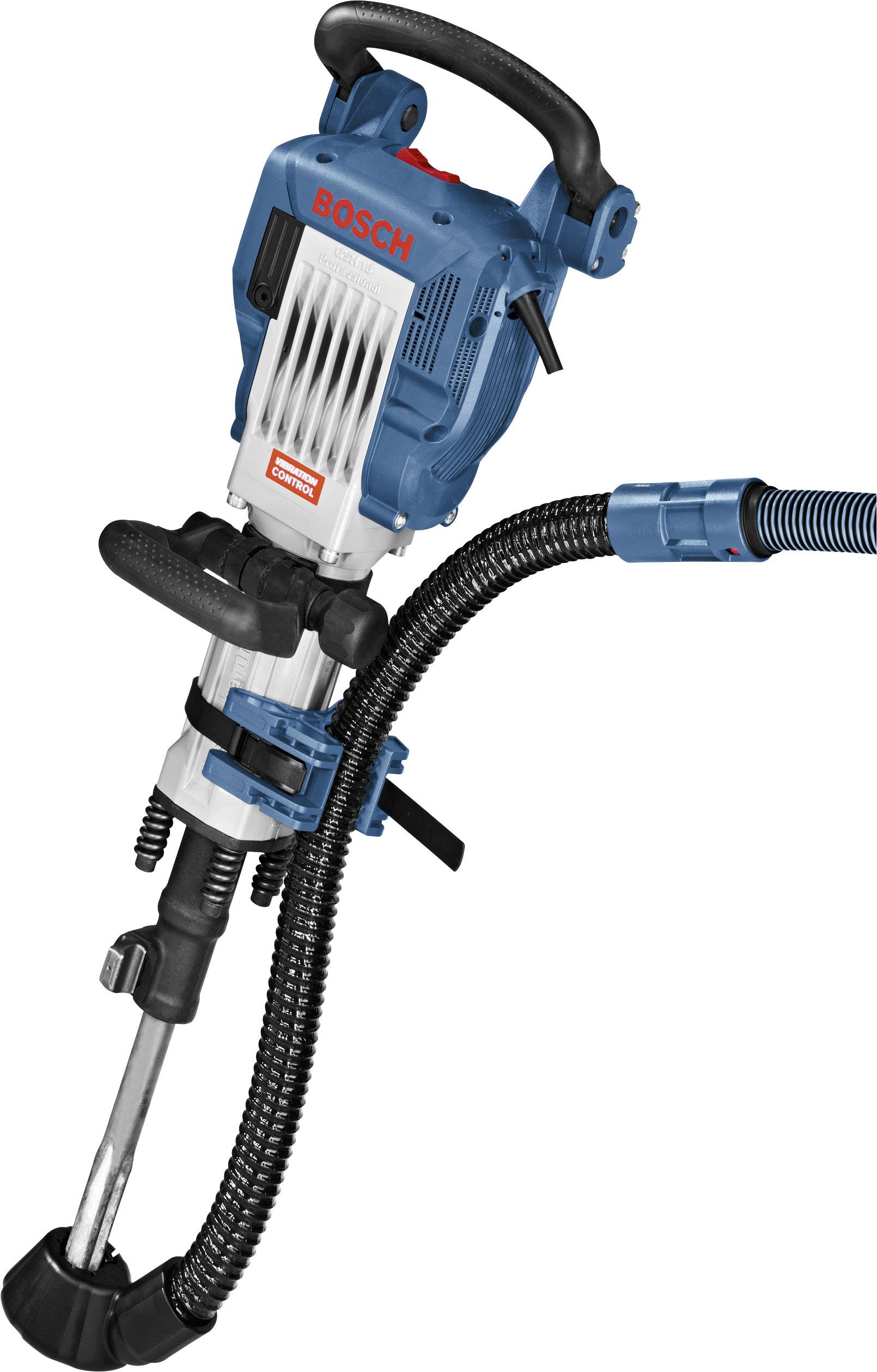 Ein blauer Bosch-Abbruchhammer mit schwarzem Griff und silberner Spitze, ausgestattet mit einem robusten Schlauchaufsatz.