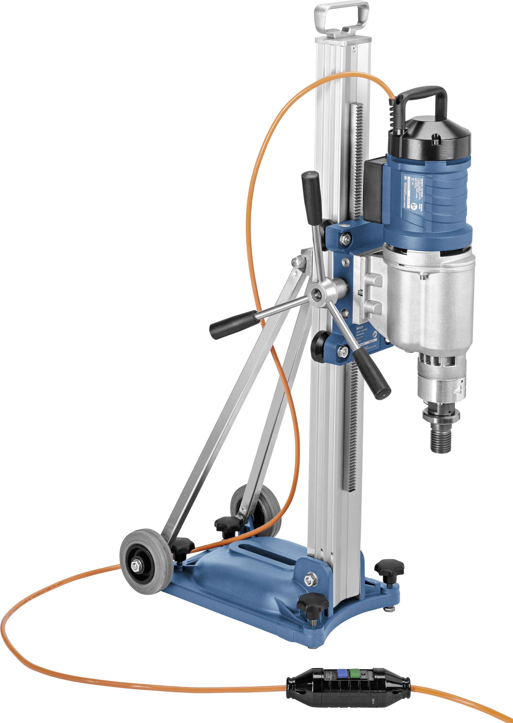 Tragbare elektrische Bohrmaschine mit Ständer, blauer Motor, Metallgehäuse, orangefarbenes Kabel. Geeignet für Bauarbeiten.