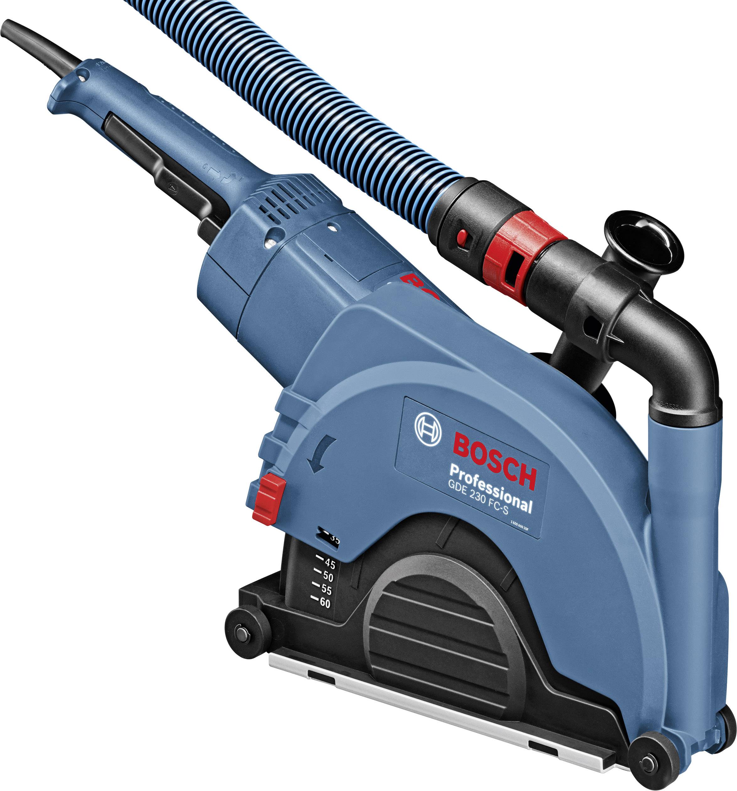 'Bosch Professional Mauernutfräse GNF 20 CA' in Blau, mit Schlauchanschluss und Skala für Tiefeneinstellungen, geeignet für Betonarbeiten.