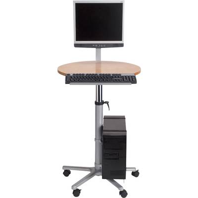 Computerarbeitsplatz mit Monitor, Tastatur und Tower auf einem mobilen, höhenverstellbaren Tisch mit Rollen.