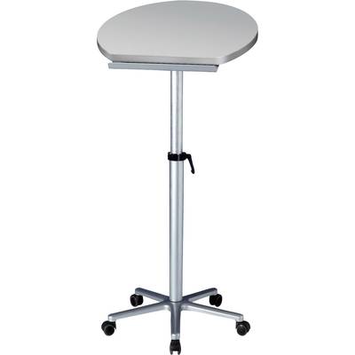 Ein schmaler, höhenverstellbarer Tisch auf Rollen mit einer ovalen Tischplatte, geeignet für Präsentationen oder Reden. Ideal für flexiblen Einsatz.