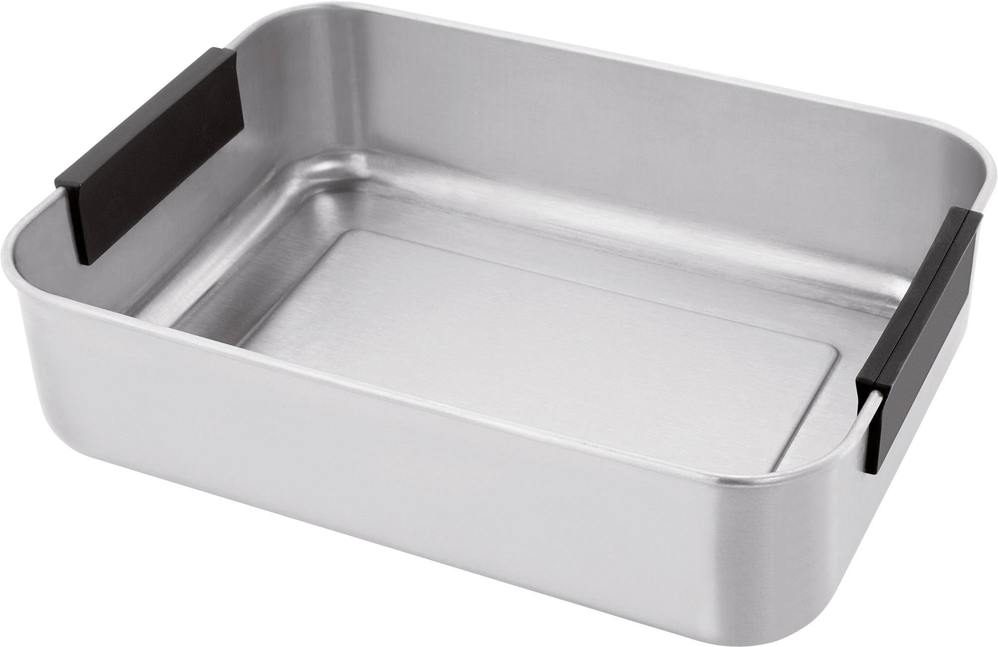 Rechteckige Metallbackform mit zwei schwarzen Griffen seitlich, ideal zum Backen oder Braten in der Küche.
