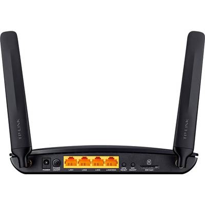 WLAN-Router mit zwei Antennen, Rückseite mit vier LAN-Ports, einem WAN/LAN-Port, Power- und Reset-Tasten, SIM-Karten-Slot.