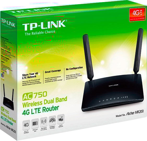 Eine Verpackung eines TP-Link AC750 Dualband 4G LTE Routers. Enthält ein Bild des Routers und Text zur Kompatibilität und Funktionen.
