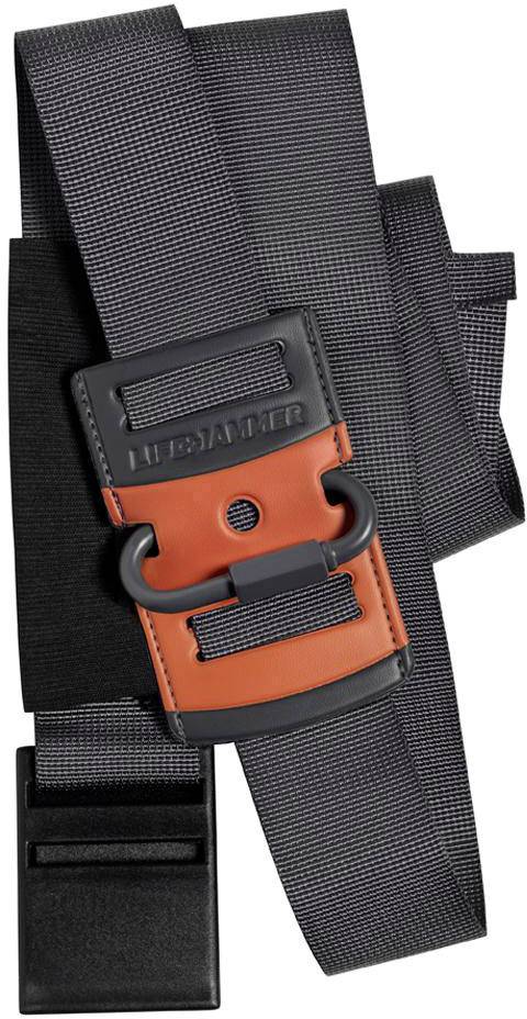 Schwarzer Gürtel mit auffälliger orangefarbener Metallschnalle. Robust und stilvoll, geeignet für modische Outfits.