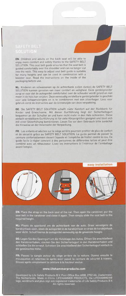 Graue Produktverpackung mit Titel 'SAFETY BELT SOLUTION'. Enthält Anweisungen auf mehreren Sprachen und Abbildungen zur Gurtnutzung.