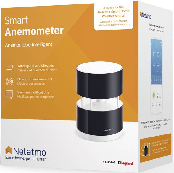 Verpackung eines 'Smart Anemometer' von Netatmo. Zeigt das Gerät und Funktionen wie Windmessung und Echtzeit-Benachrichtigungen.