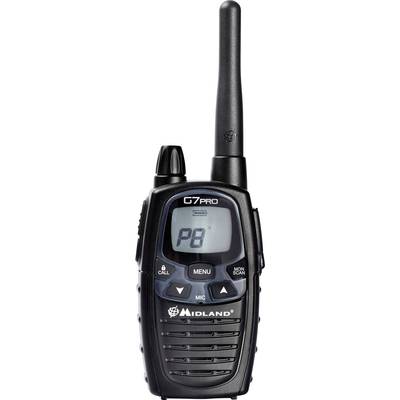 Handfunkgerät 'Midland G7 PRO' mit Antenne, Display und Tasten für Menü, Anruf und Scan. Hauptanzeige zeigt 'P8'.