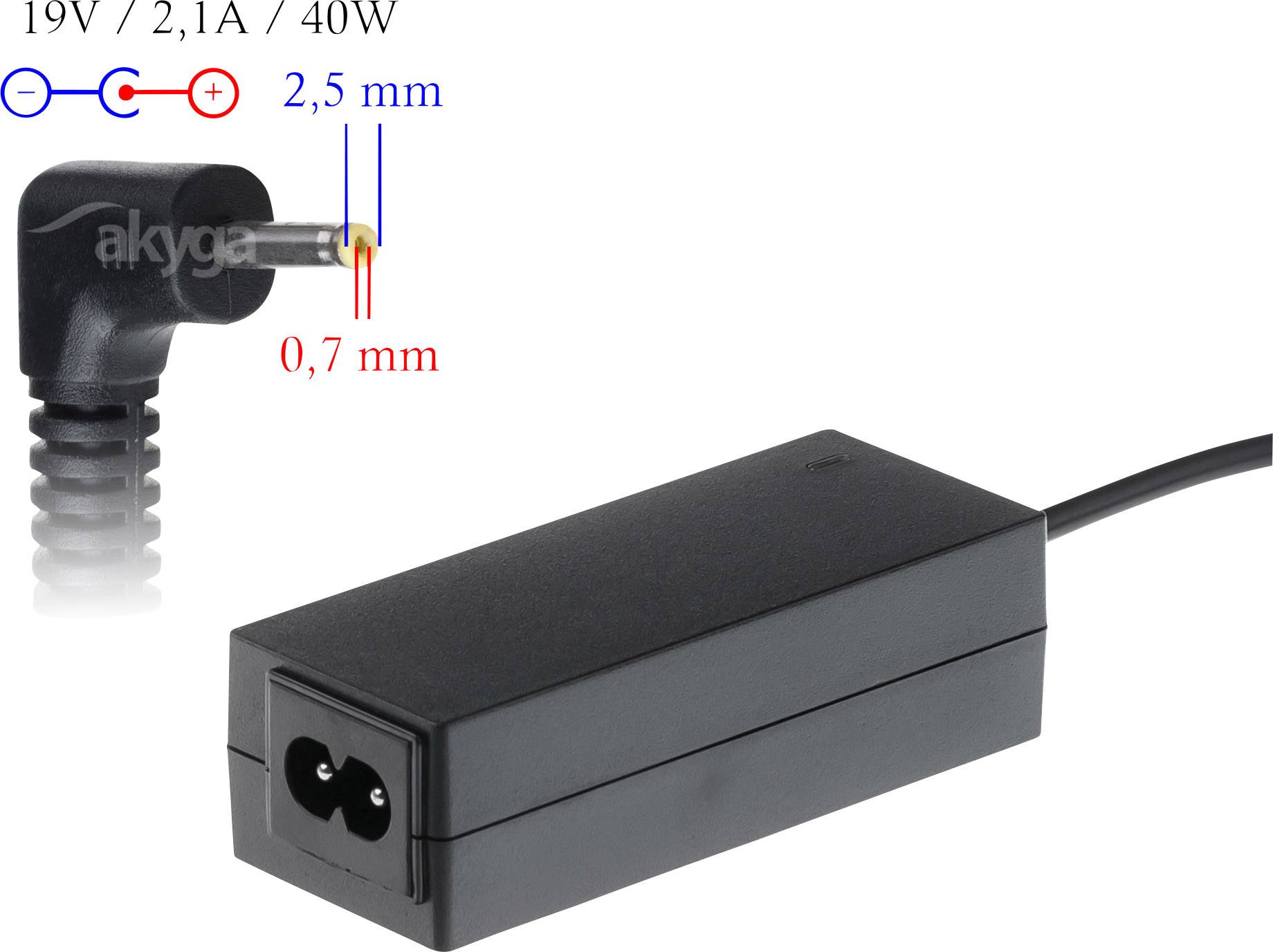 'Schwarzes Laptop-Netzteil, 19V/2,1A/40W, mit Stecker: 2,5 mm Außen-, 0,7 mm Innenumfang. Abbildung zeigt Stecker- und Anschlussdetail.'