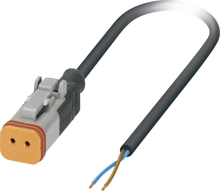 'Zweipoliger elektronischer Kabelstecker mit grauem Gehäuse und orangefarbener Abdeckung, verbunden mit zwei abisolierten Drähten.'
