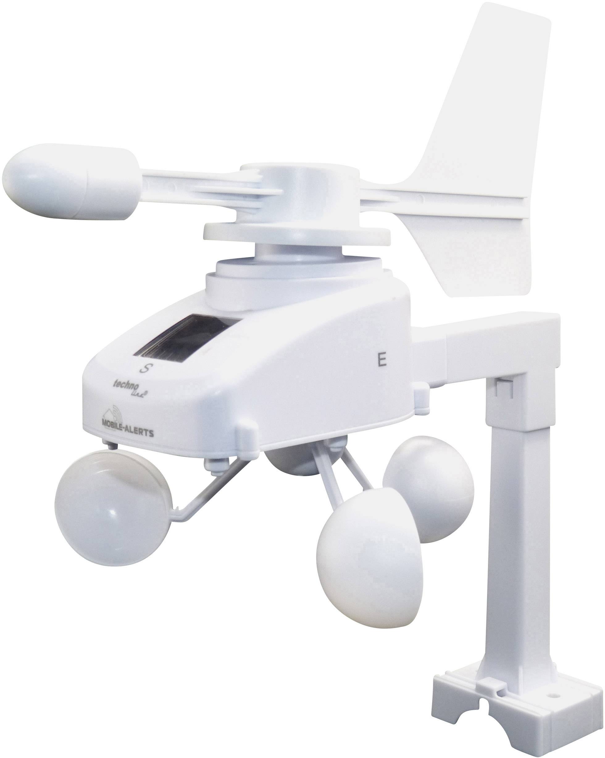 Ein weißer, digitaler Windmesser mit Flügeln und drehenden Messkugeln zur Messung von Windgeschwindigkeit und -richtung.