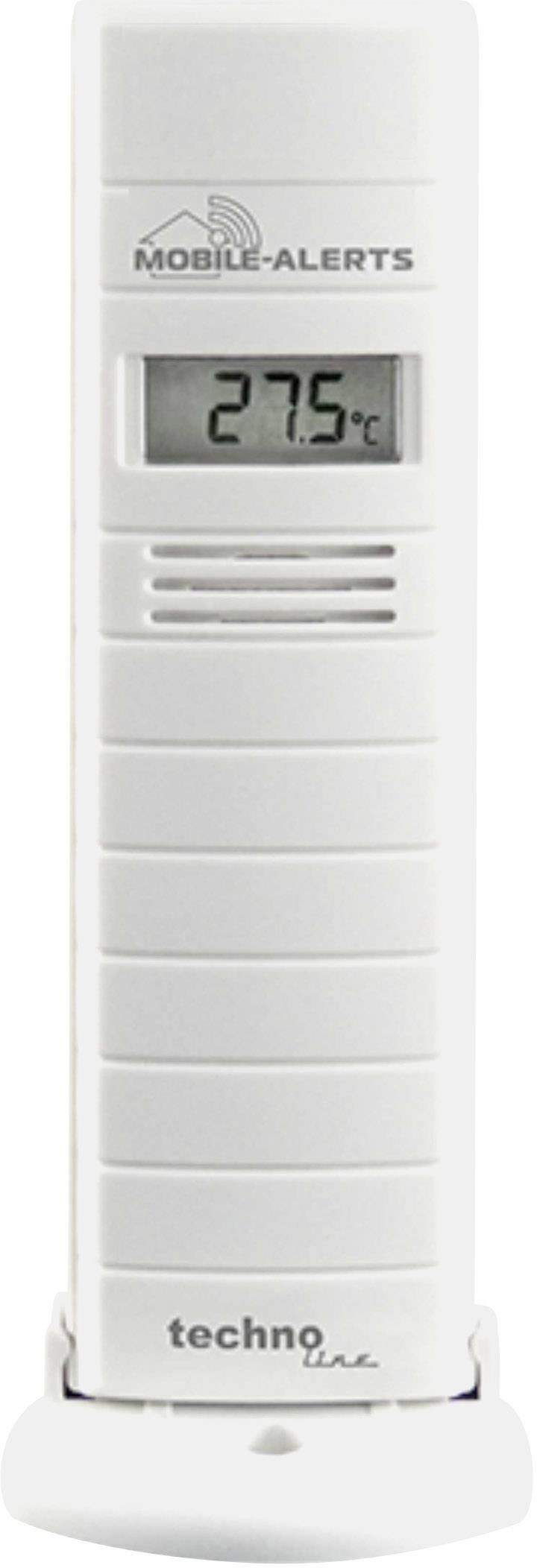 Ein weißes digitales Thermometer zeigt 27,5°C an. Oben mit 'Mobile-Alerts', unten mit 'techno line' beschriftet.