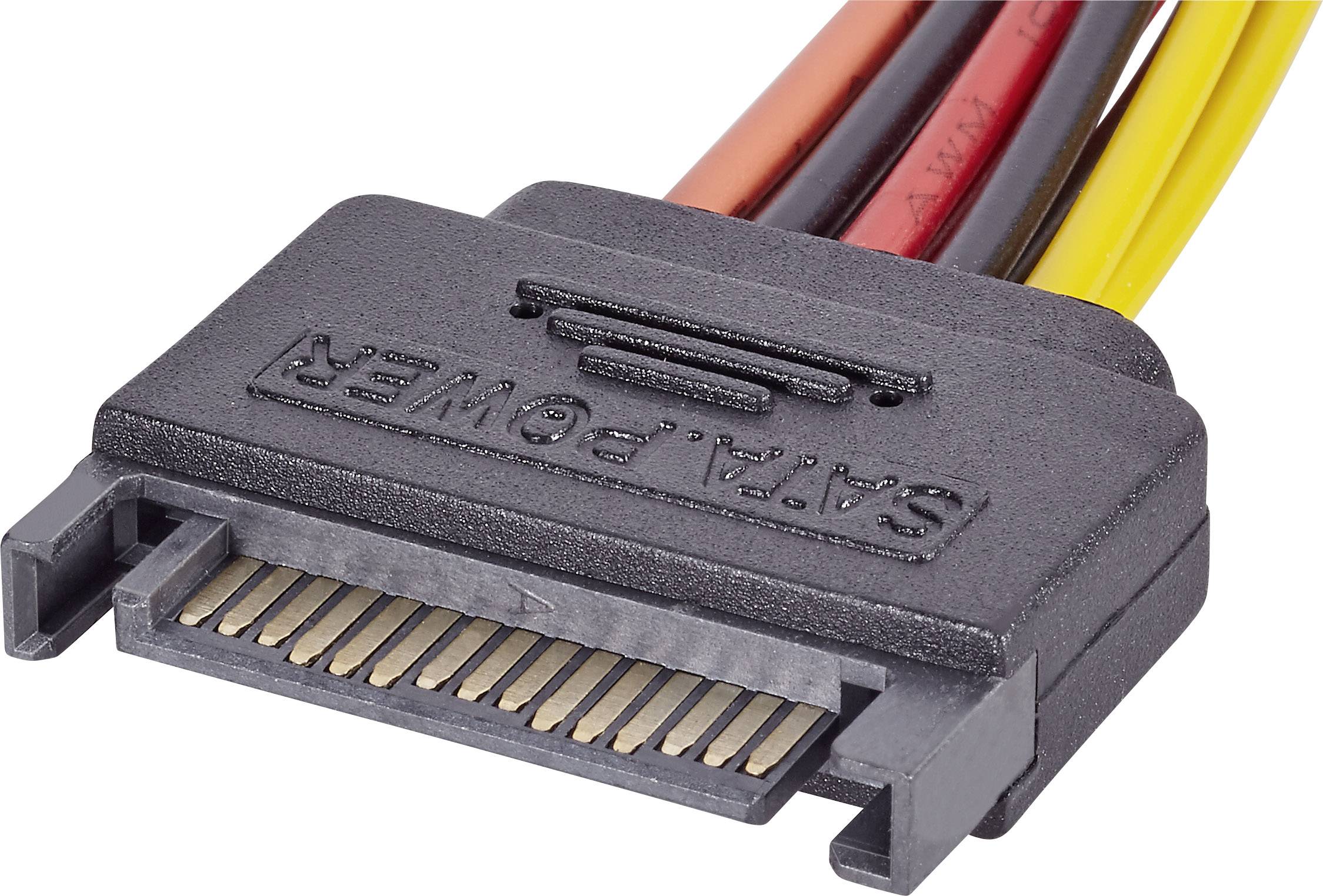 Ein SATA-Stromkabel mit mehreren Kontakten und farbigen Drähten. Es wird verwendet, um Geräte innerhalb eines Computers mit Strom zu versorgen.