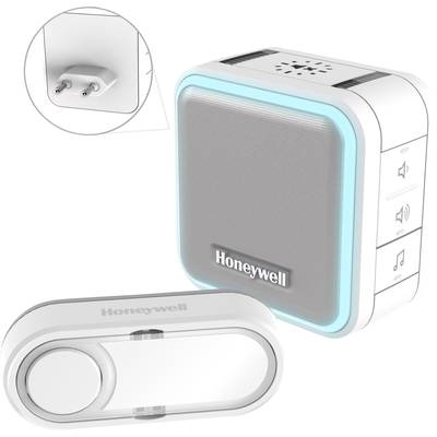 Drahtlose Türklingel von Honeywell mit Empfänger und Sender, beleuchteter Rahmen, Lautstärkeregelung und verschiedene Klingeltöne.