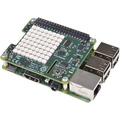 Ein Raspberry Pi mit aufgestecktem GPIO-Board, darauf LEDs und Anschlüsse für Erweiterungen, geeignet für Elektronikprojekte.