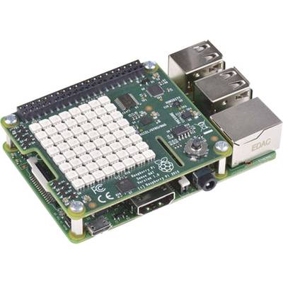 Ein Raspberry Pi mit Erweiterungskarte, zeigt eine Leiterplatte mit Anschlüssen und LEDs. Dient typischerweise zum Programmieren und für Elektronikprojekte.