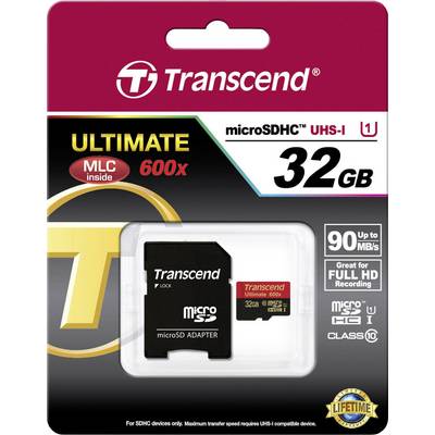 Transcend microSDHC-Karte, 32 GB, UHS-I, Class 10, 90 MB/s, geeignet für Full HD-Aufnahmen, inklusive Adapter, lebenslange Garantie.