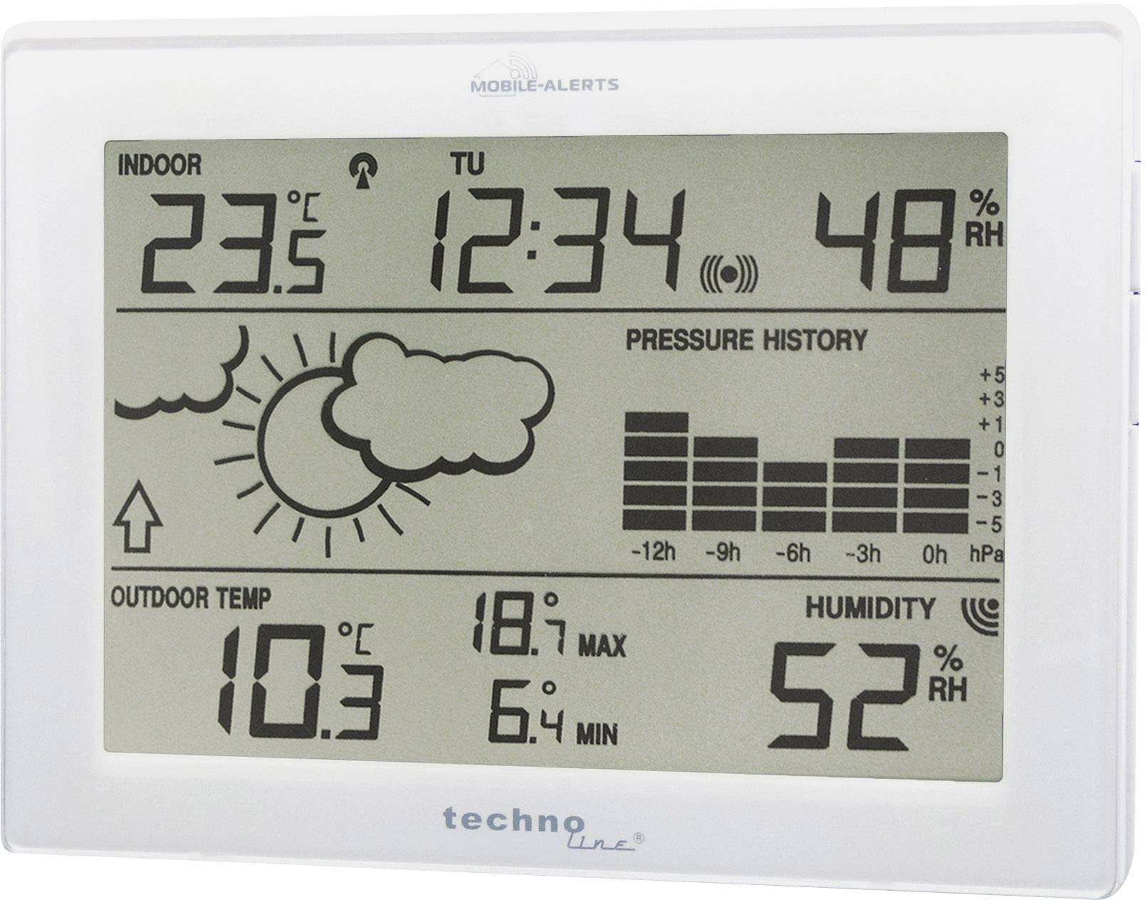 Digitales Wetterdisplay zeigt Innen- und Außentemperatur, Luftfeuchtigkeit, Uhrzeit und Wetterikone. Diagramm für Druckverlauf.