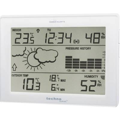 Digitales Wetterdisplay zeigt Innen- und Außentemperatur, Luftfeuchtigkeit, Uhrzeit und Wetterikone. Diagramm für Druckverlauf.
