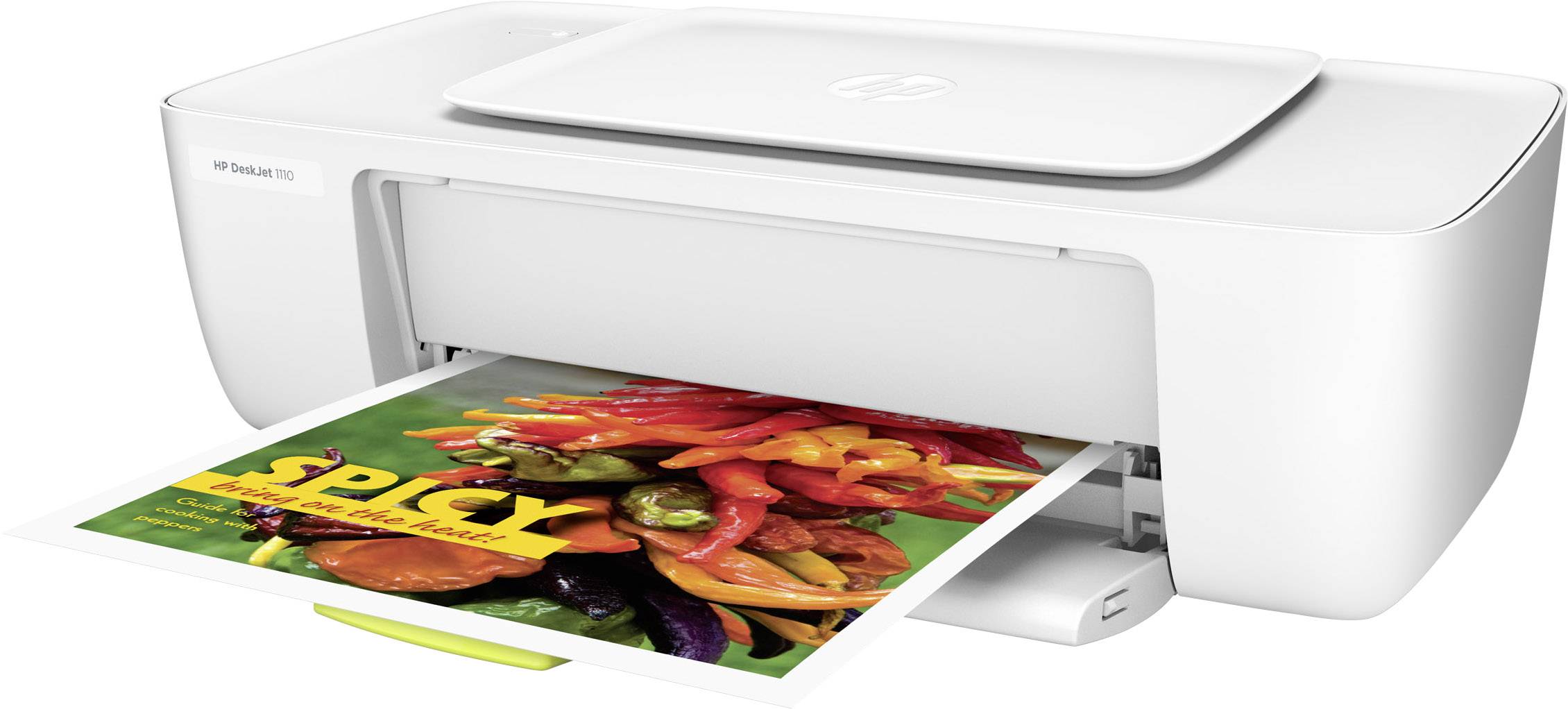 Ein weißer Drucker druckt ein farbiges Poster mit Paprikaschoten und dem Wort 'SPICY'.