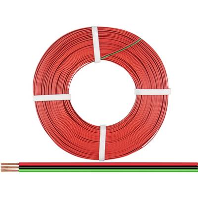 Eine große Rolle aus rotem Kupferdraht, darunter ein Abschnitt des Drahtes, der innen Kupfer und außen rot, grün und schwarz beschichtet ist.