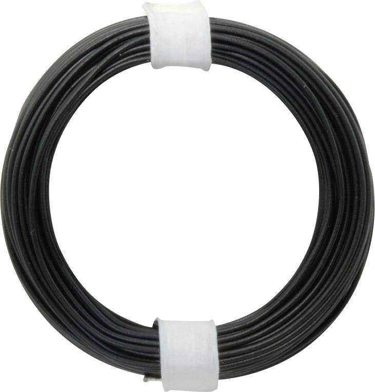 Eine Rolle schwarzes Kabel, ordentlich aufgerollt und mit zwei weißen Bändern fixiert.