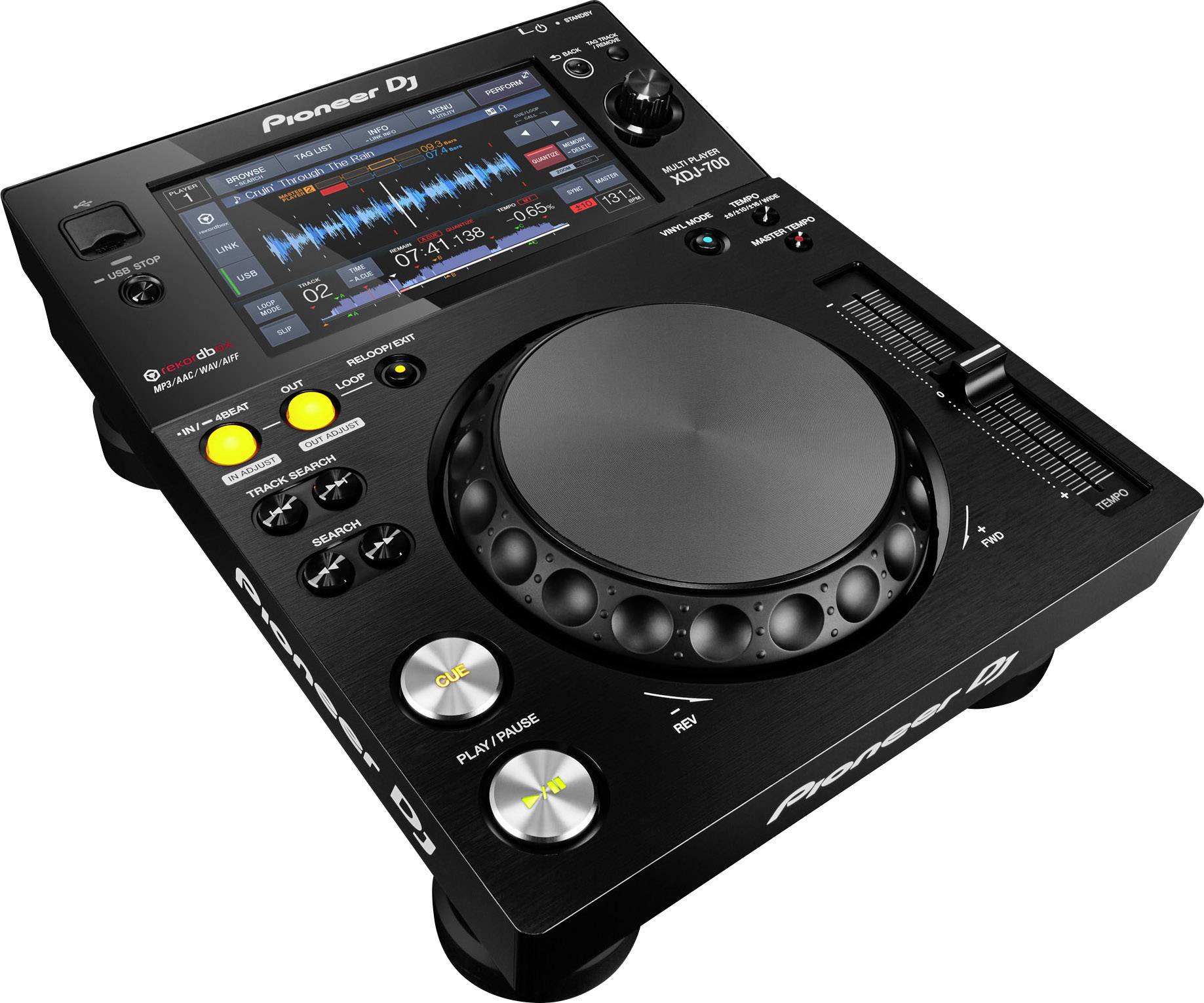 Pioneer DJ-Controller mit Jog-Wheel, Display mit Musikwellenform, mehreren Reglern und Tasten, darunter 'Play/Pause' und 'Cue'.