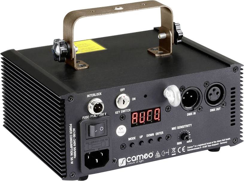 Schwarzes Lichtsteuergerät mit Bedienfeld, Drehknopf, digitalen Anzeige und Anschlüssen für DMX und Mikrofon auf der Vorderseite.