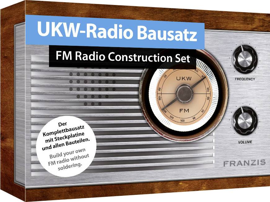 UKW-Radio-Bausatz-Packung mit Bild eines nostalgischen Radios. Text in der Ecke: 'Der Komplettbausatz mit Steckplatine und allen Bauteilen'.