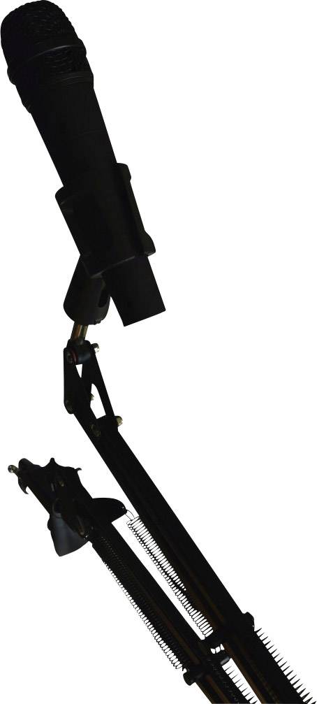 Ein schwarzes Mikrofon auf einem verstellbaren Ständer, bereit für eine Nutzung bei einer Aufführung oder Präsentation.