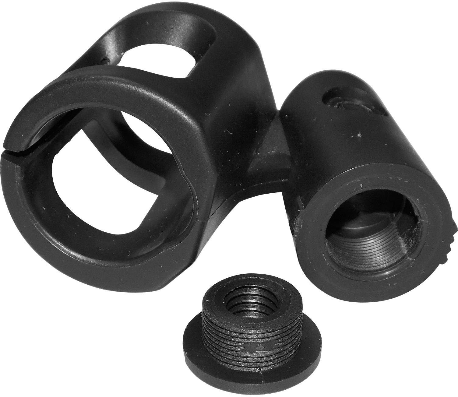 Ein schwarzes Metallteil mit einem Hohlloch, daneben ein abnehmbares Rundgewinde. Dient als Verbindungsstück in mechanischen Konstruktionen.