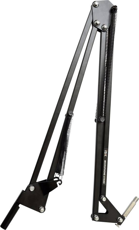 Ein schwarzer verstellbarer Mikrofonarm mit Federn und Gelenken, ermöglicht Anpassung der Mikrofonposition für Tonaufnahmen.