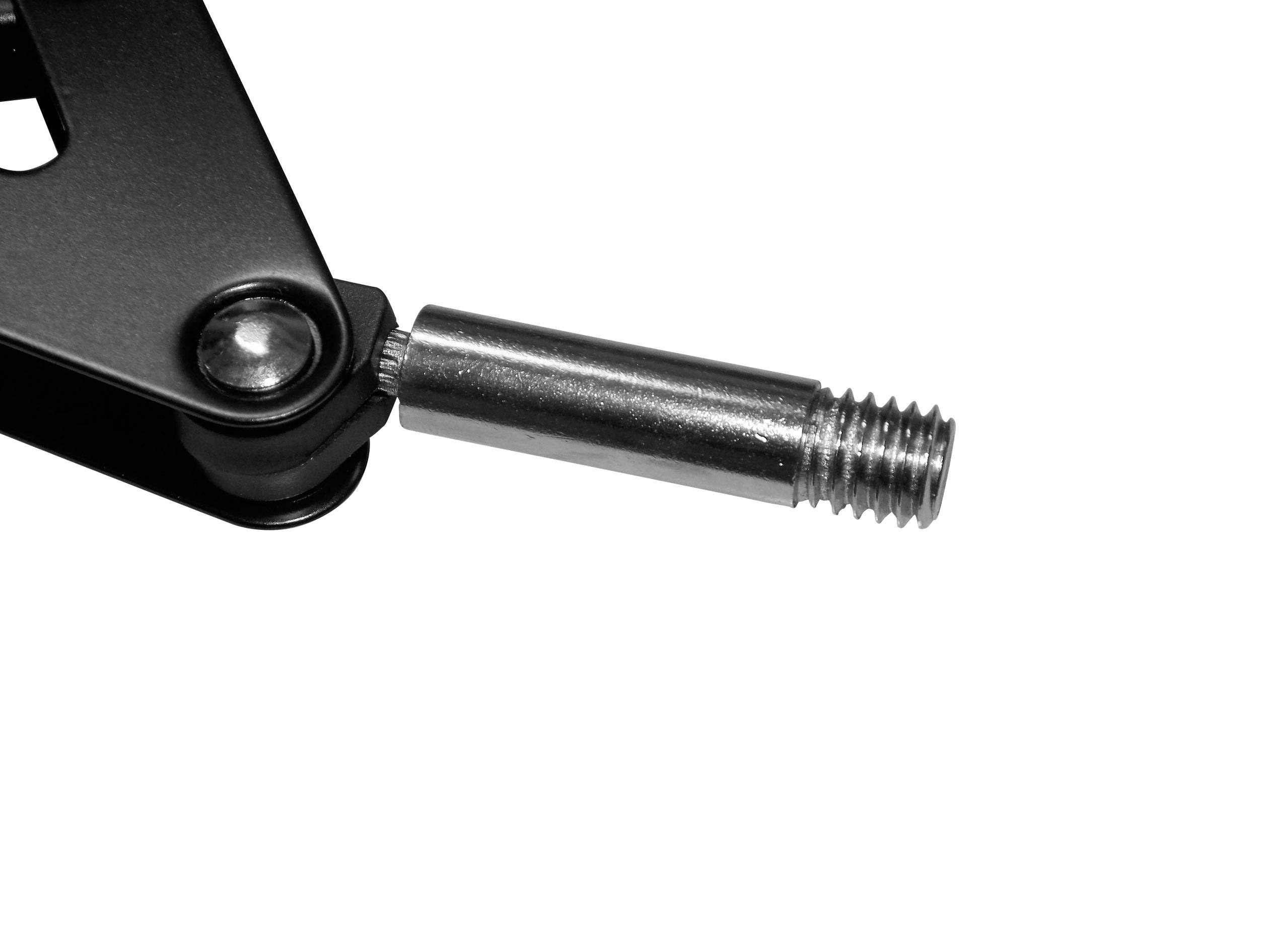 Ein schwarzes Metallgelenk mit einer beweglichen Schraube, die aus dem Gelenk herausragt. Hintergrund ist schlicht und weiß.