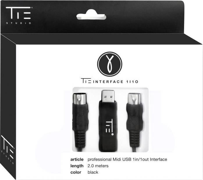 Schwarze Verpackung für ein professionelles Midi USB 1in/1out Interface, Länge: 2,0 Meter. Enthält Stecker und Kabel in schwarz.