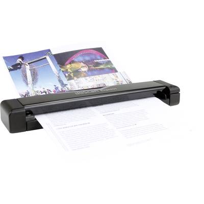 Ein tragbarer Scanner scannt ein Dokument mit Text und Bildern. Oben liegen Abbildungen von verschiedenen Sehenswürdigkeiten.