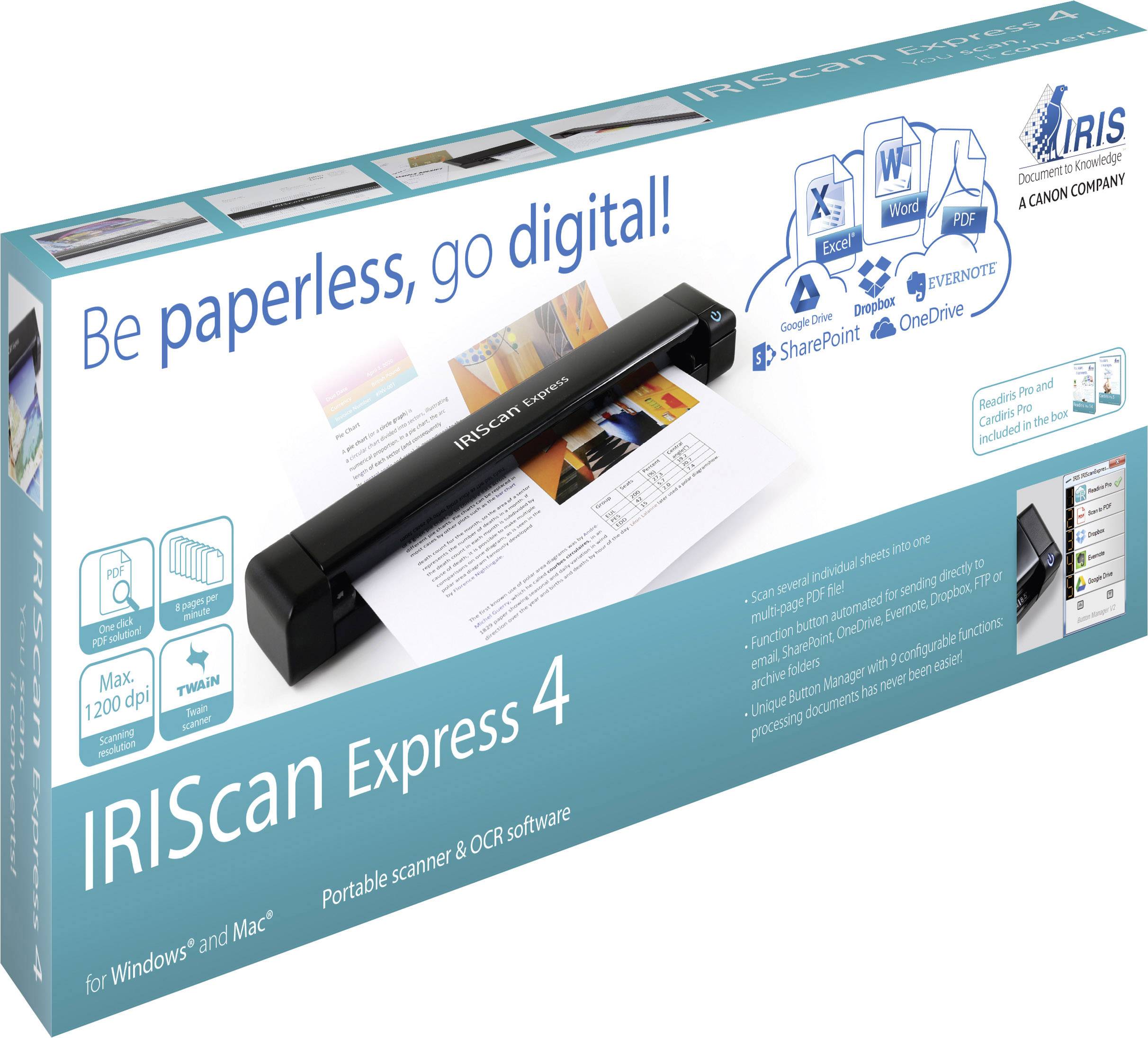 Tragbarer IRIScan Express 4 Scanner mit OCR-Software für Dokumente bis 1200 dpi. Unterstützt Windows und Mac, kompatibel mit SharePoint, Evernote, OneDrive.