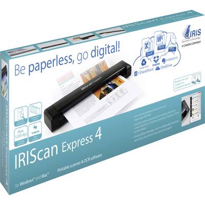 Tragbarer IRIScan Express 4 Scanner mit OCR-Software für Dokumente bis 1200 dpi. Unterstützt Windows und Mac, kompatibel mit SharePoint, Evernote, OneDrive.