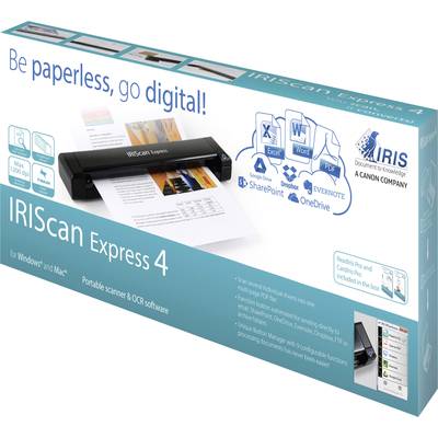 'IRIScan Express 4' Verpackung mit tragbarem Scannerbild. Texte betonen Digitalisierung, enthält Softwarelogos und Features.