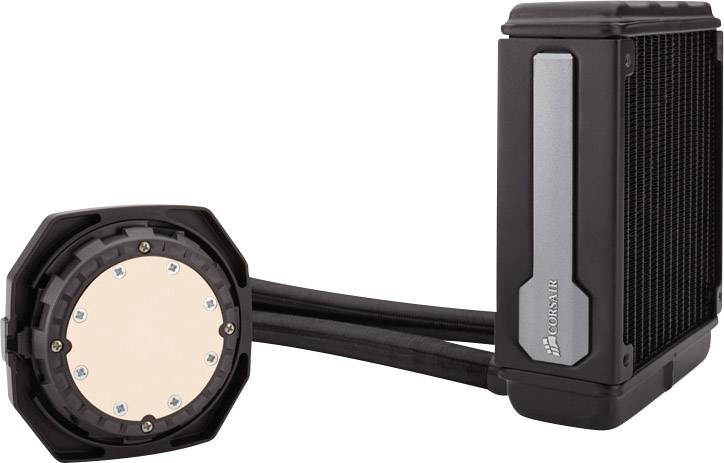 'Flüssigkeitskühler für PCs mit rechteckigem Radiator und rundem Kühlkörper. Zwei Schläuche verbinden die beiden Teile.'