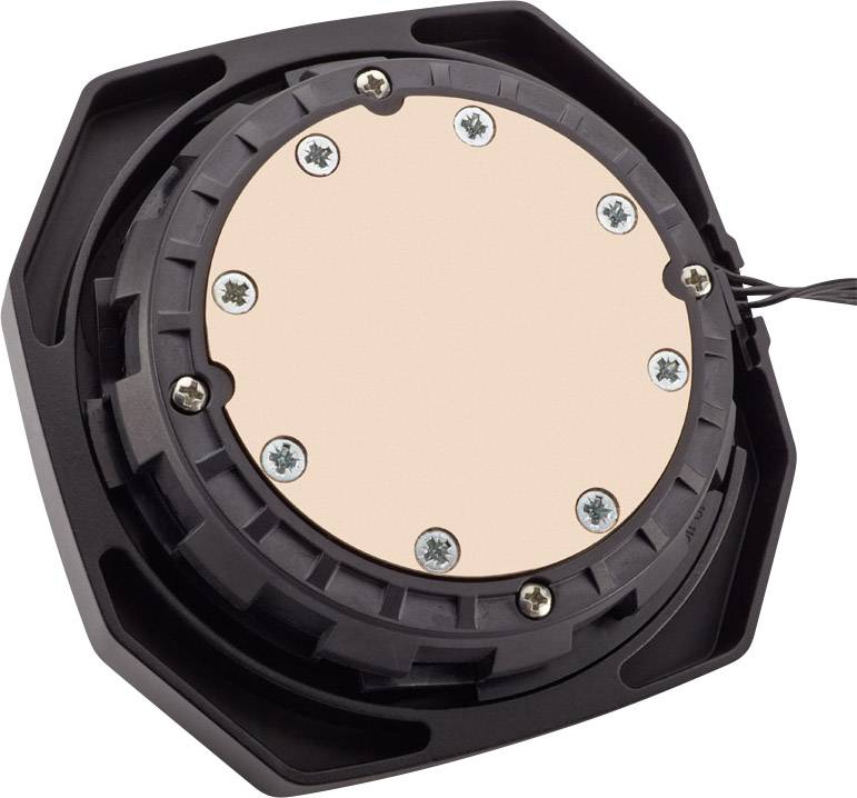 Kühlerboden einer Computer-Wasserkühlung mit Kupferplatte und Schrauben, zirkuläres Design für effiziente Wärmeübertragung.