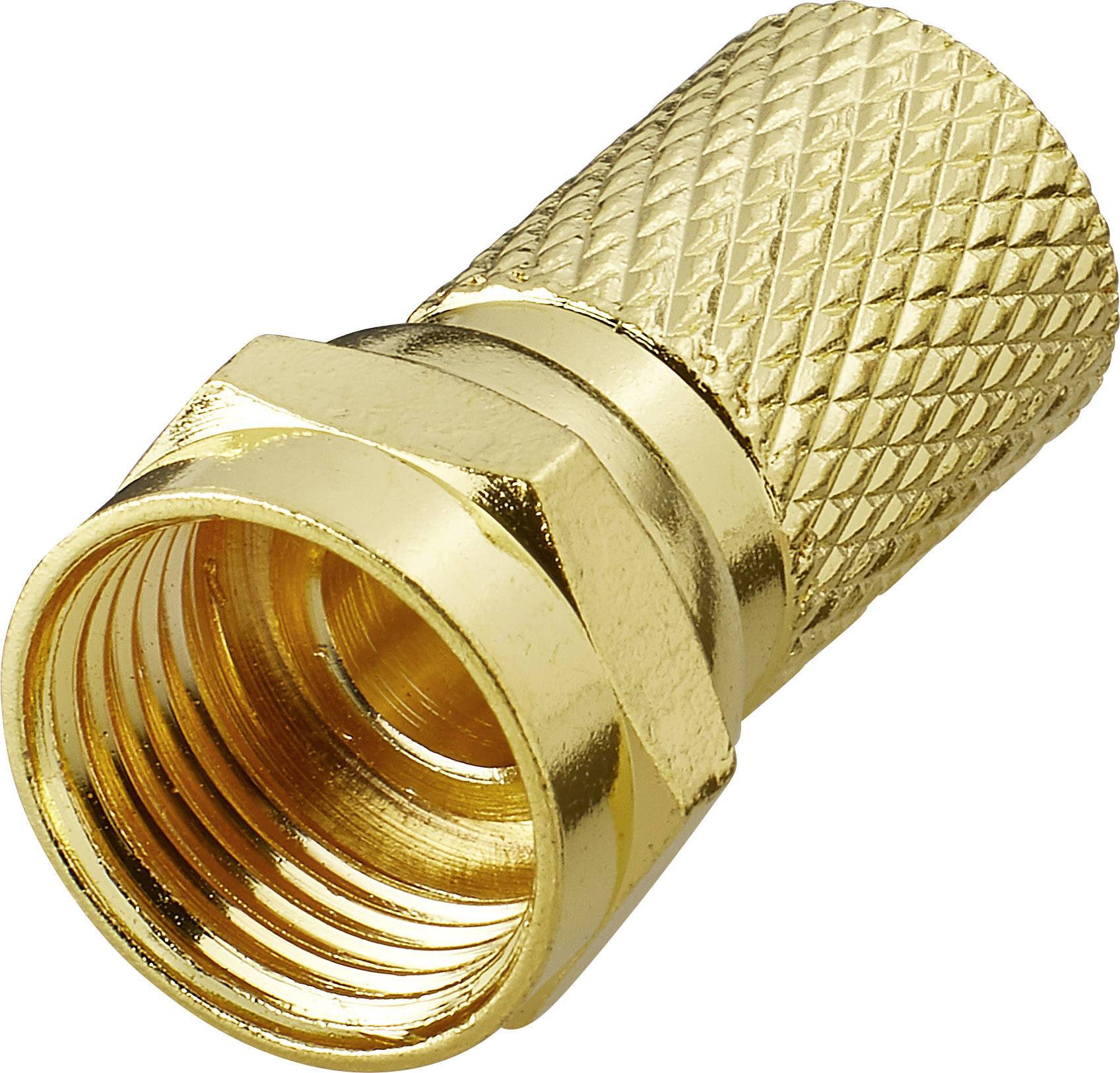 Ein goldfarbener Koaxialkabel-Adapter mit einem geriffelten Griff für festen Halt, häufig verwendet für TV- und Satellitensignale.