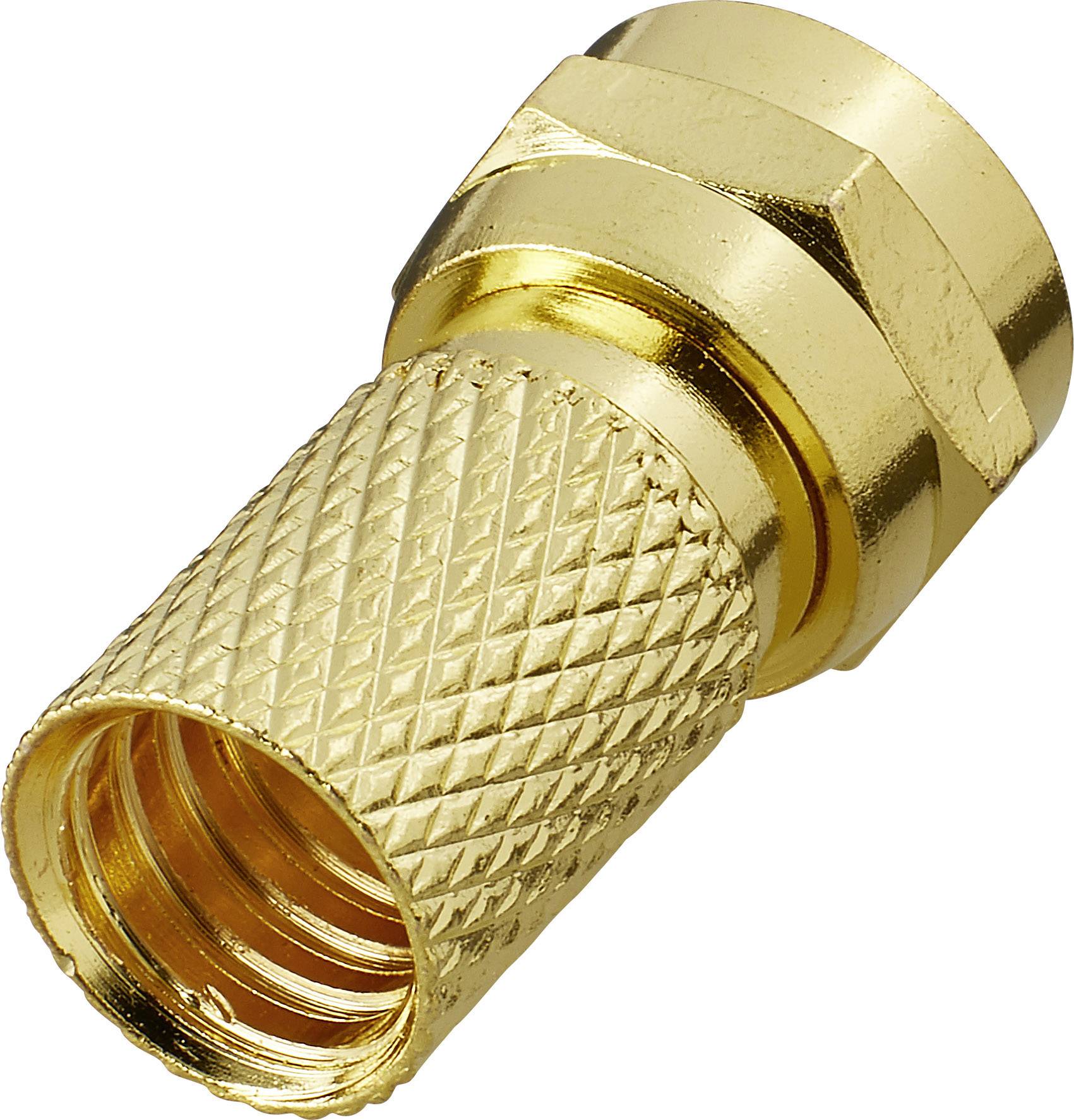 Ein goldfarbener Koaxialstecker mit Rändelung, sechseckigem Abschluss und Gewinde auf einer Seite. Geeignet für Kabelverbindungen.