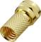 Ein goldfarbener Koaxialstecker mit Rändelung, sechseckigem Abschluss und Gewinde auf einer Seite. Geeignet für Kabelverbindungen.