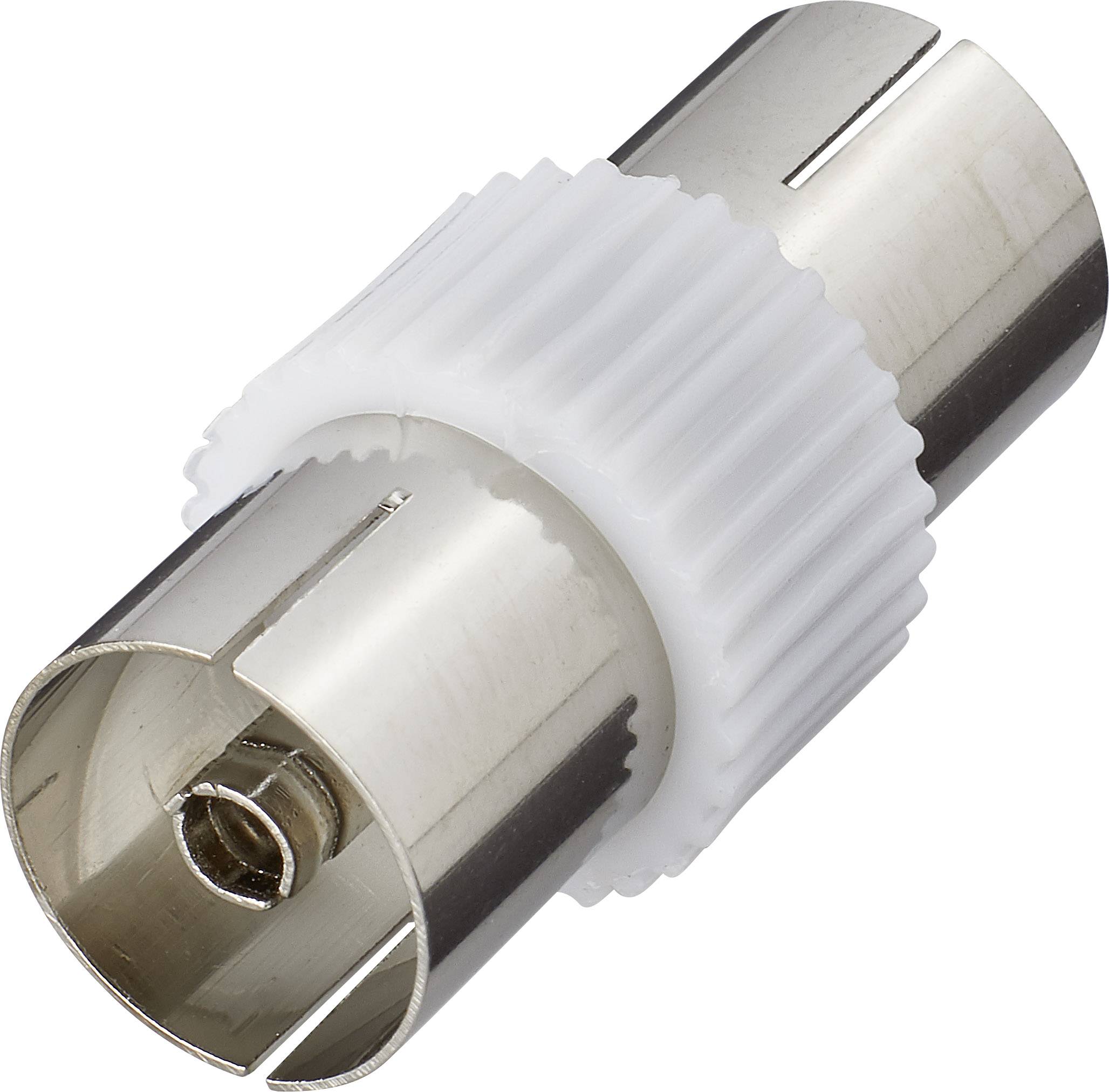 Ein Koaxialstecker mit metallischem Anschluss und geriffeltem, weißem Kunststoffring, zur Verbindung von Antennenkabeln.