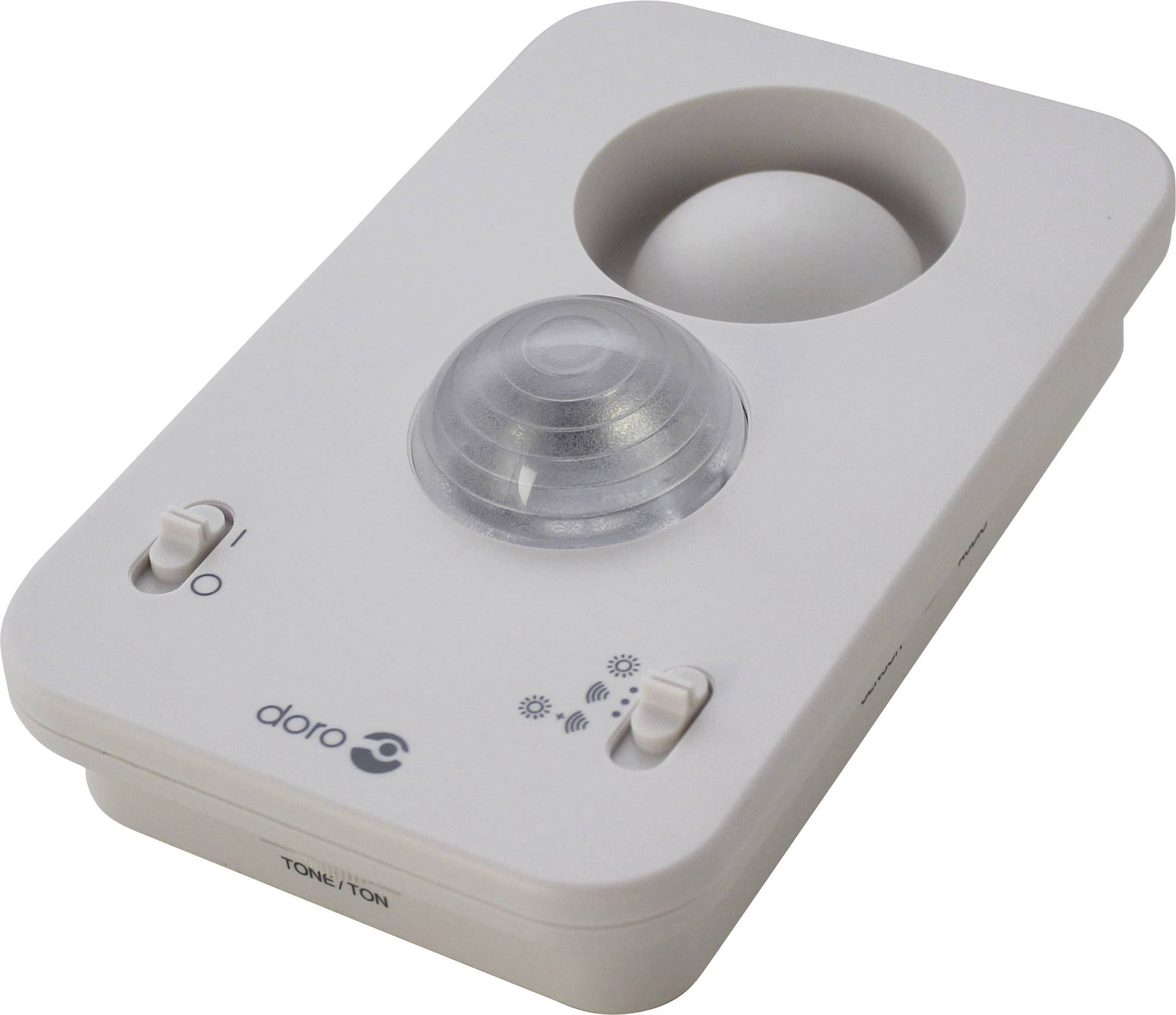 Doro Alarmverstärker: Weißes Gerät mit Lautstärkeregler und Lichtsignal, für hörgeschädigte Personen geeignet.