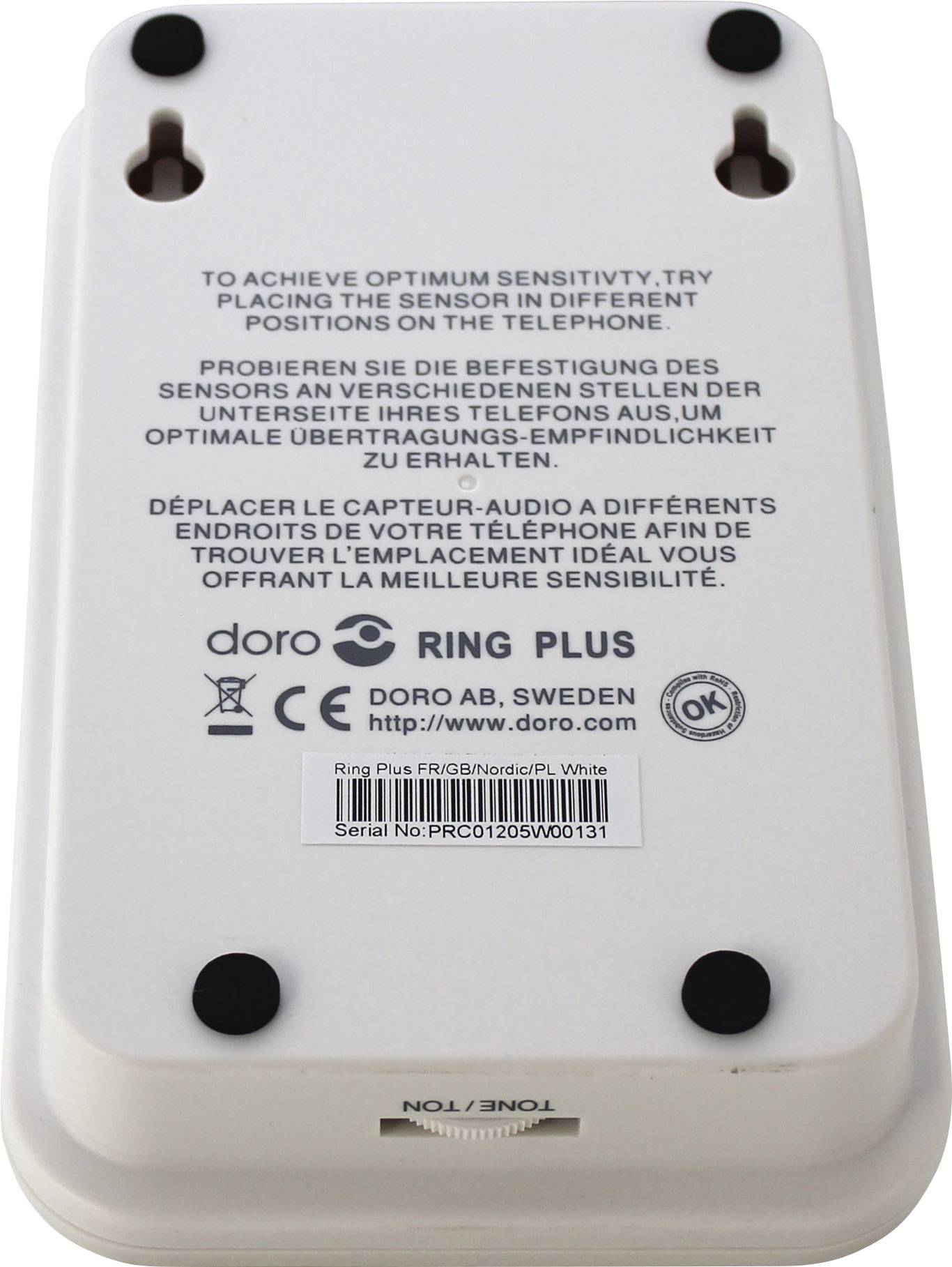 Rückseite eines Doro Ring Plus Geräts mit Anweisungen zur Platzierung des Sensors auf einem Telefon zur optimalen Empfindlichkeitseinstellung.